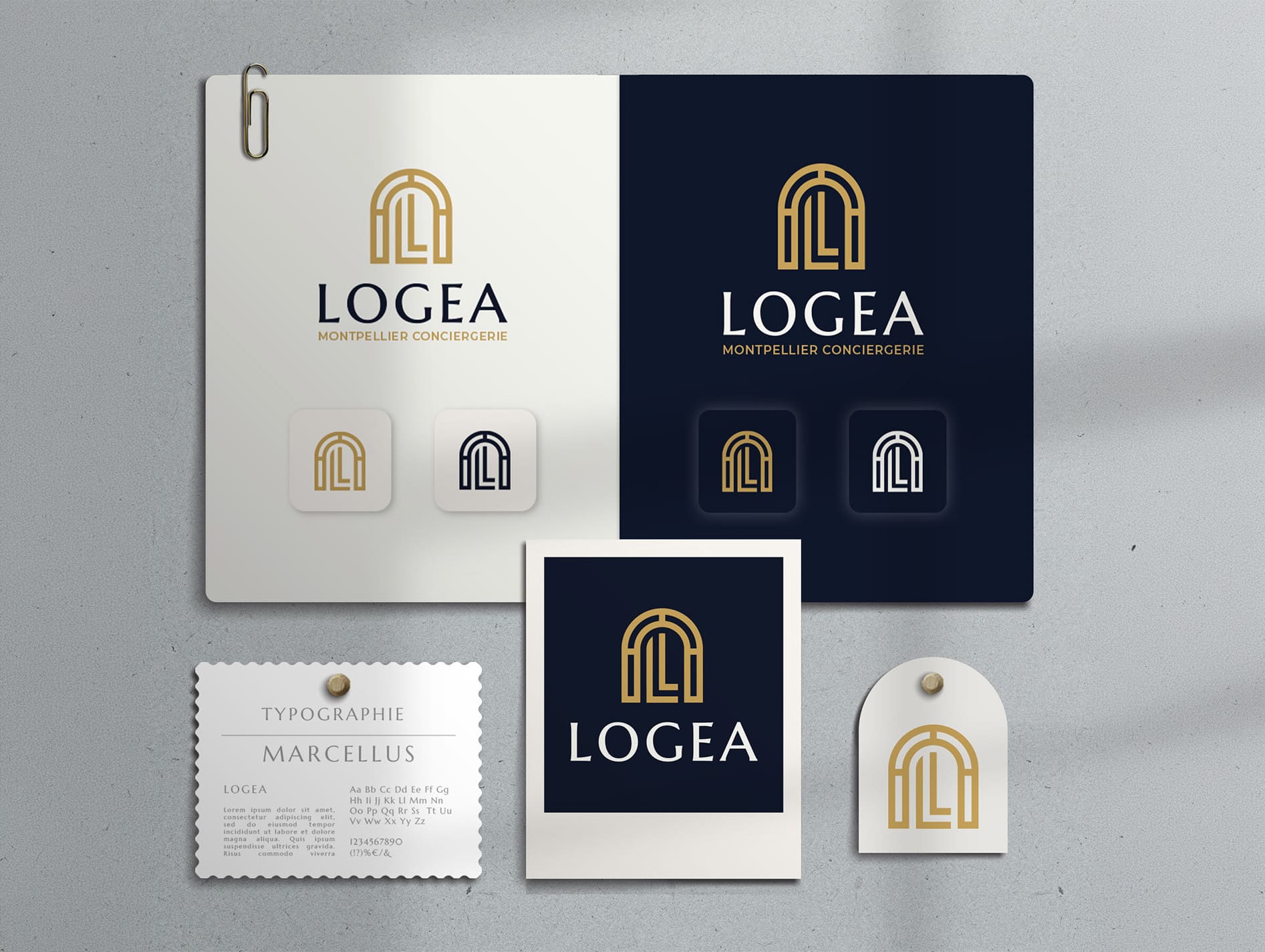 Présentation de l'identité de marque LOGEA : logo monogramme doré décliné sur papier à en-tête, cartes premium et supports de papeterie minimalistes.